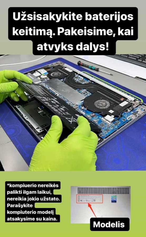 Nešiojamojo kompiuterio baterijos keitimas ir modelio žymėjimo vieta