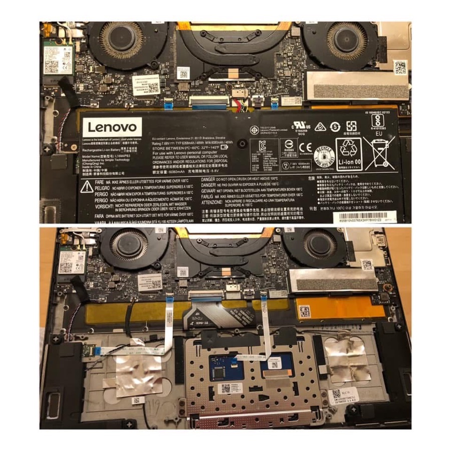 Atidarytas Lenovo nešiojamasis kompiuteris prieš keičiant bateriją